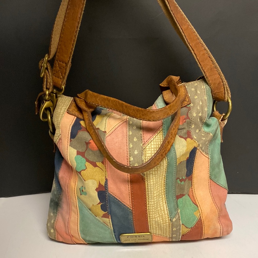 Fossil Fabric Crossbody Top Handle Patchwork Purse - image 1